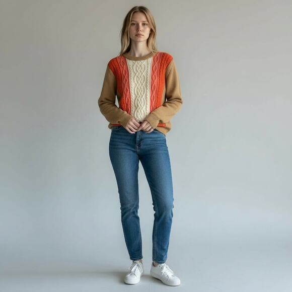 Tommy Hilfiger Sweaters - Tommy Hilfiger Cableknit Striped Pullover Sweater Women's Sz M Tan Multi